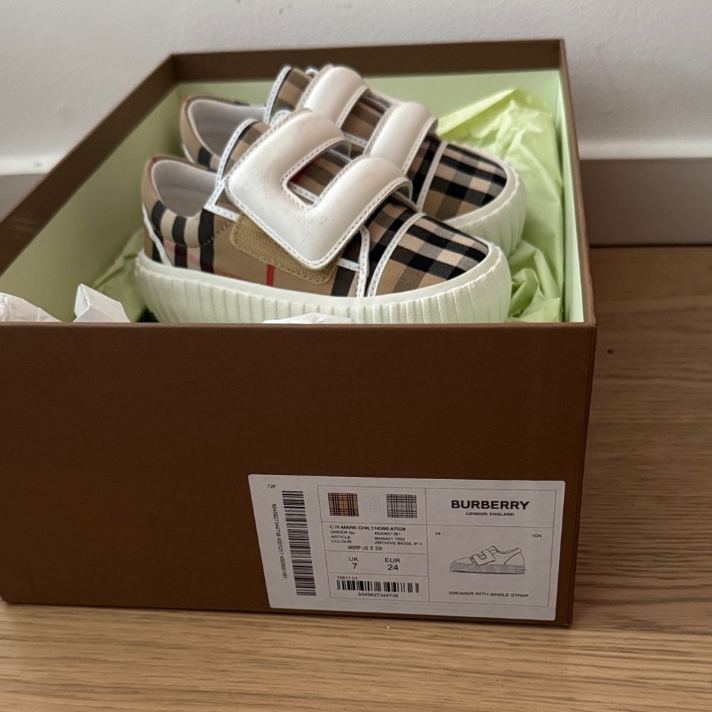 Burberry Beige Plaid Kids Velcro Sneakers with White Straps - Picture 2 of 4